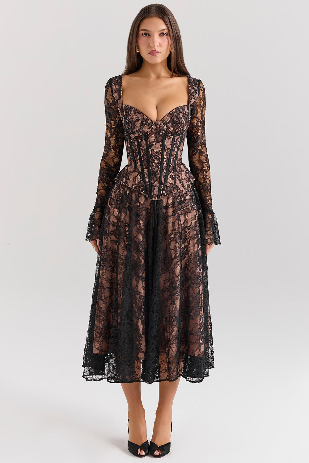 Black Lace Corset Midi Dress