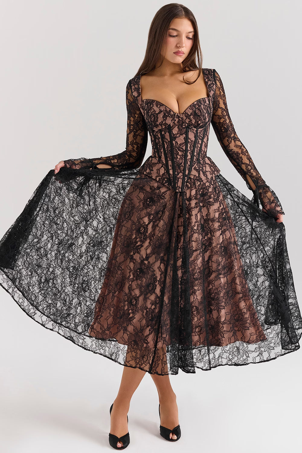 Black Lace Corset Midi Dress