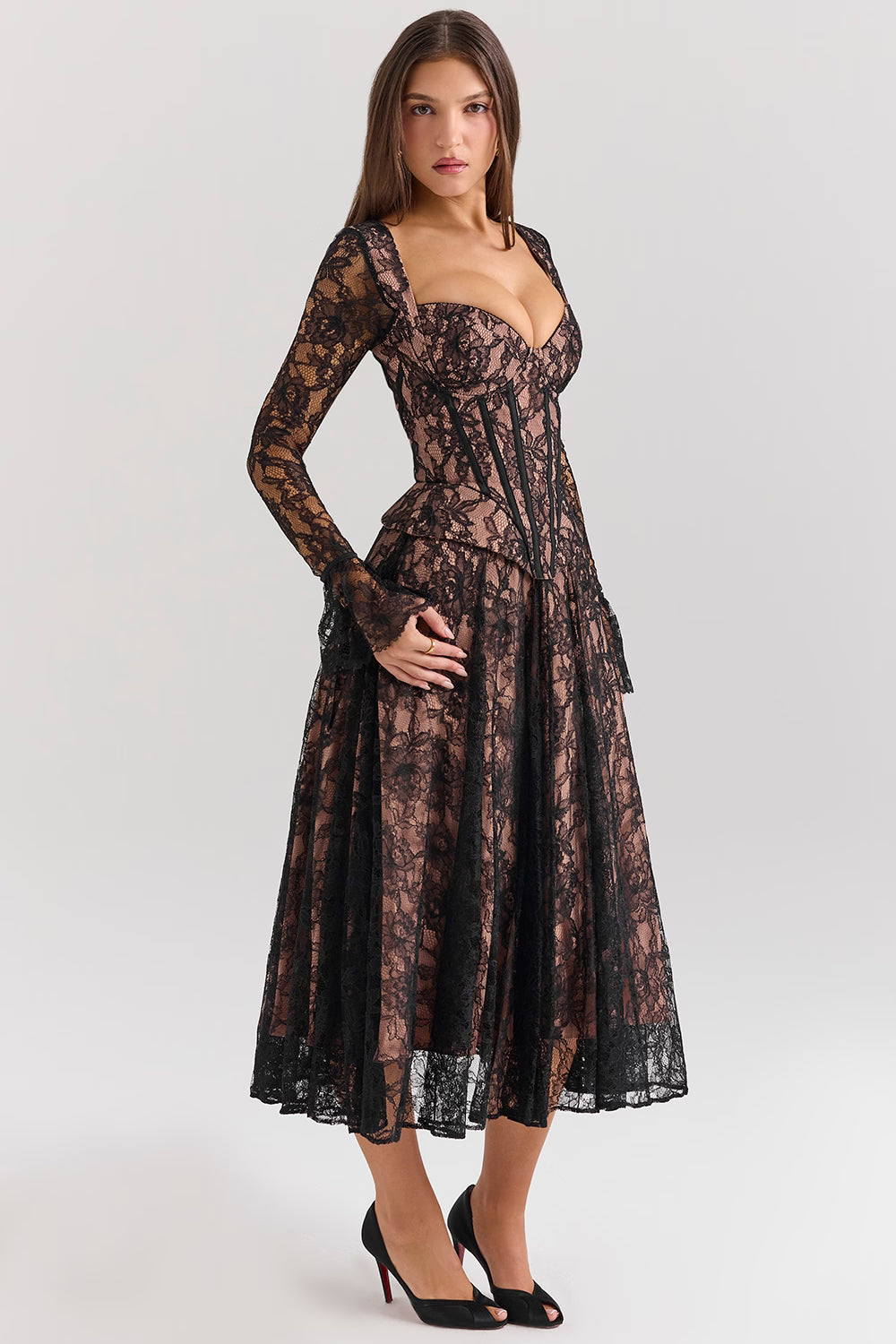 Black Lace Corset Midi Dress