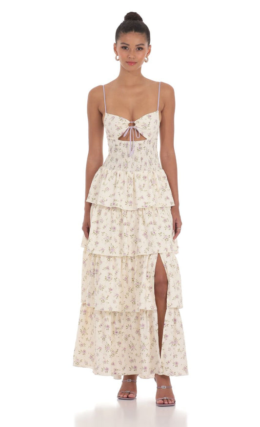 Floral Cutout Ruffle Maxi Dress