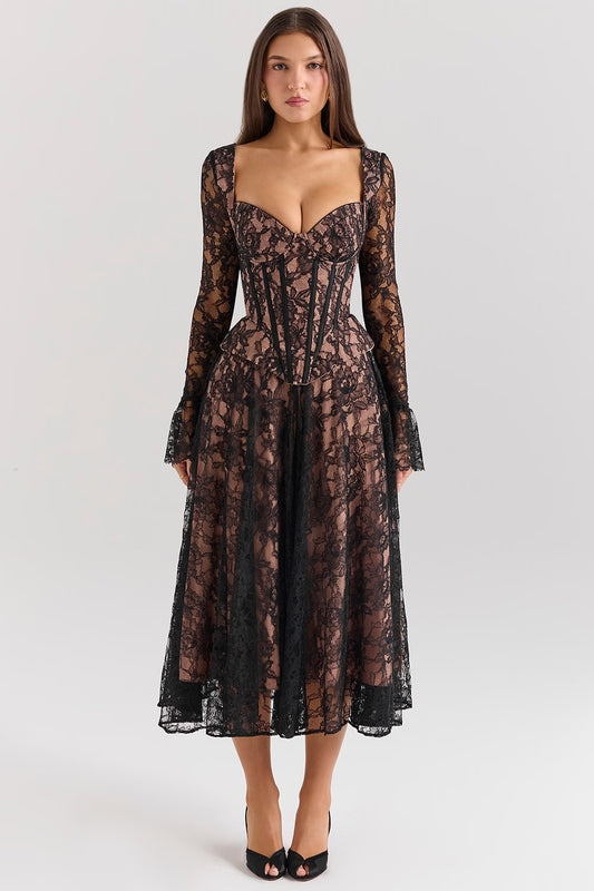 Black Lace Corset Midi Dress